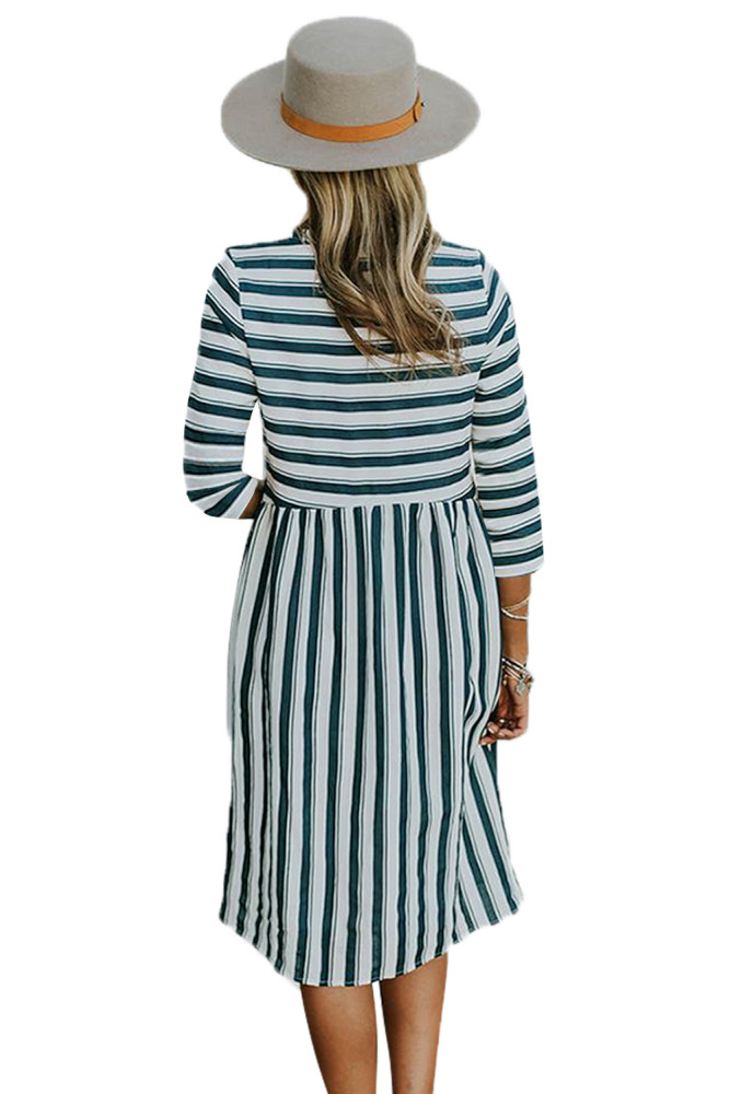 White Navy Striped Casual Midi Shirt Dress