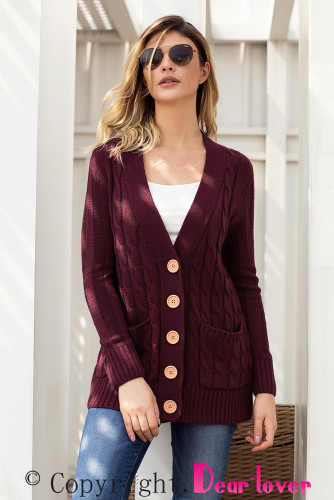 Wine Wooden Button Cardigan