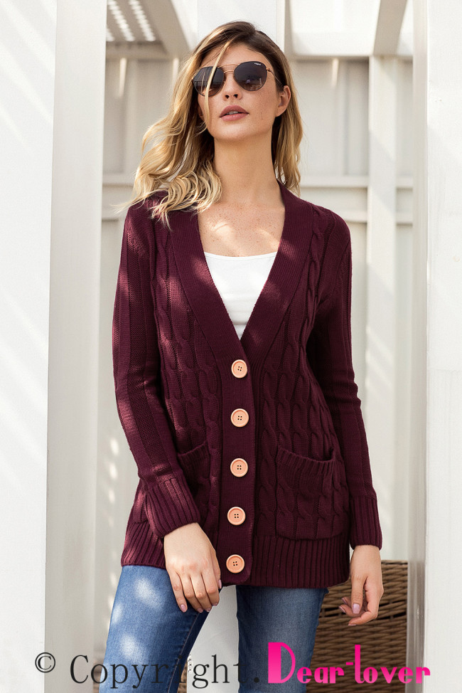 Wine Wooden Button Cardigan