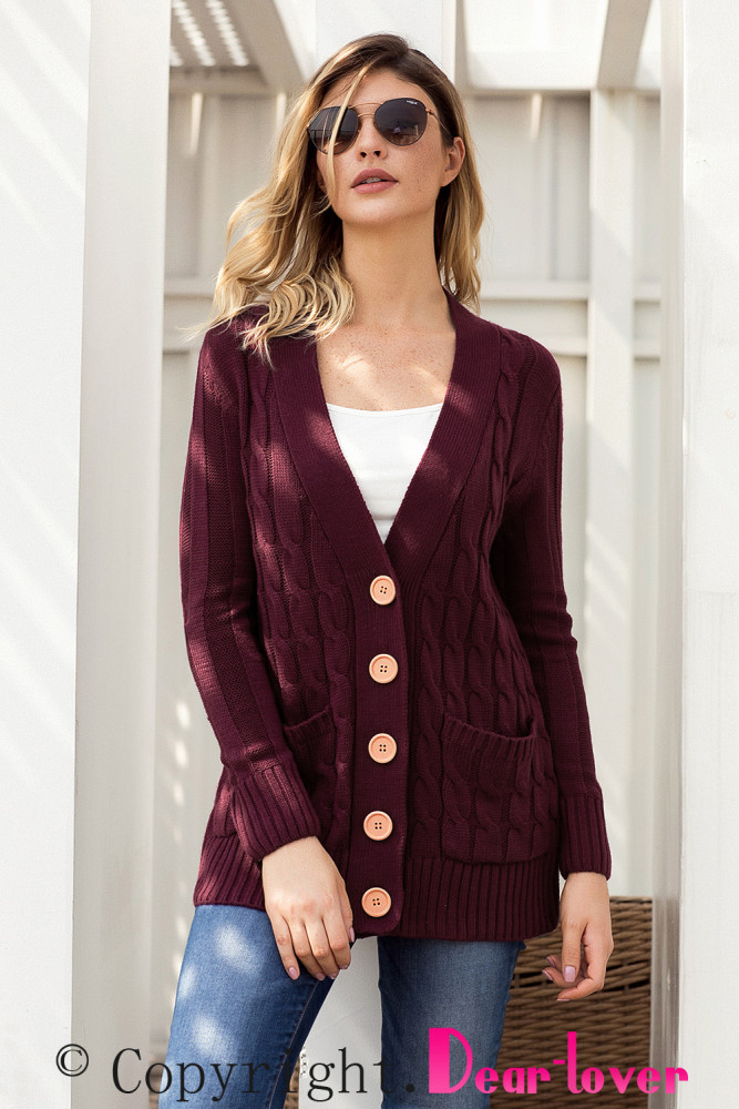 Wine Wooden Button Cardigan