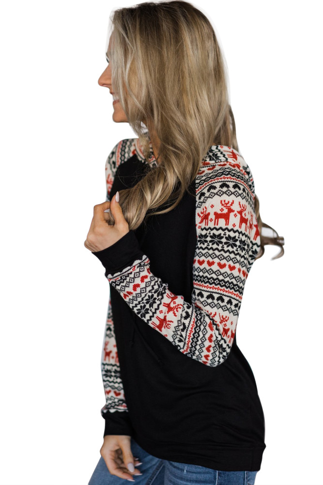 Black Christmas Reindeer Hooded Long Sleeve Sweatshirt