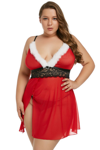 Red Plus Size Sheer Babydoll & G-string Lingerie Set