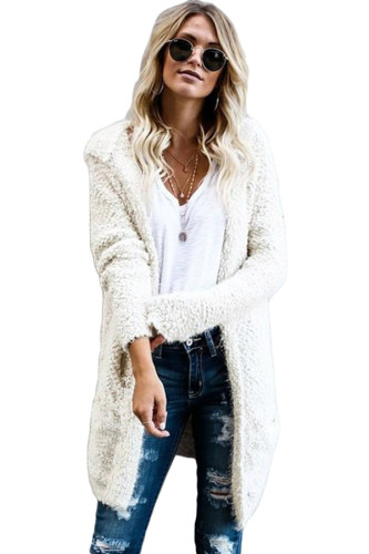 White Fluffy Hooded Open Front Cardigan
