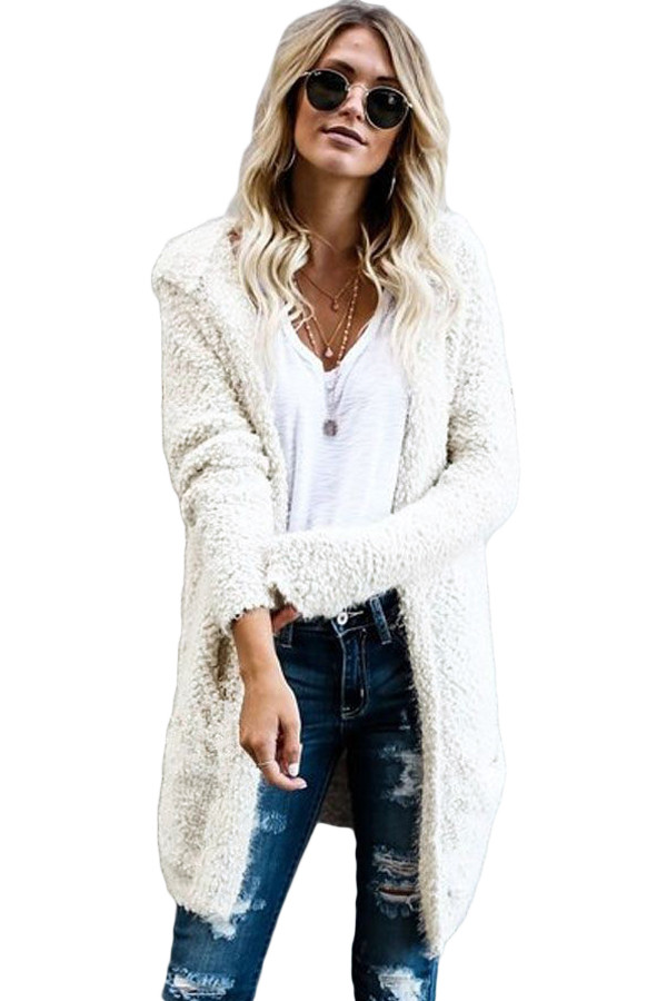 White Fluffy Hooded Open Front Cardigan