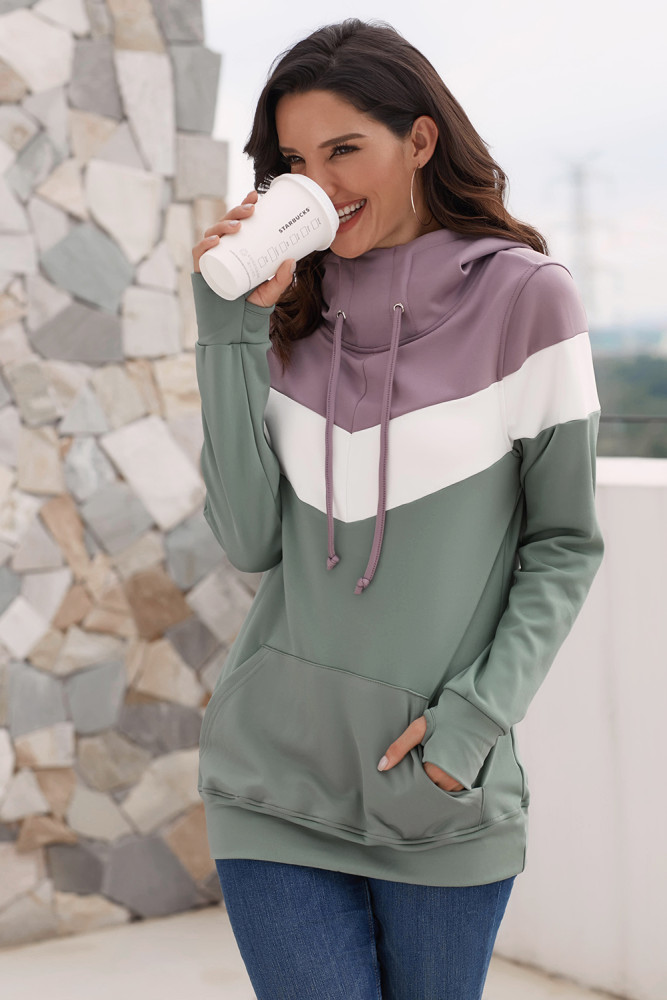 Dark Purple Hooded Green Colorblock Sweatshirt