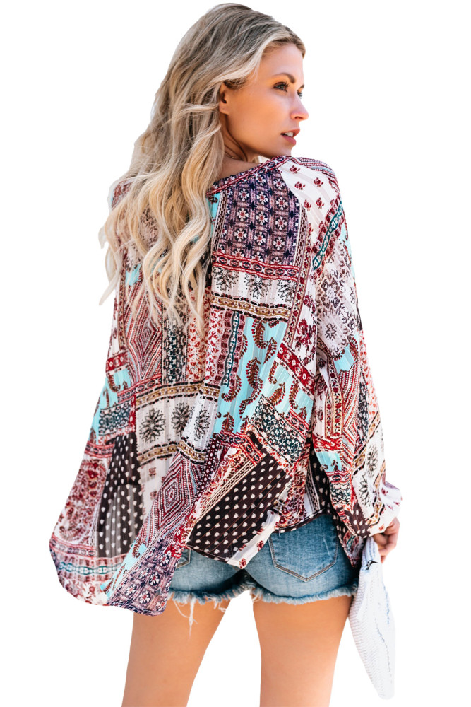 Dark Gypsy Print Tassel Tie V Neck Blouse
