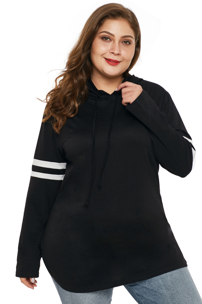 Black Plus Size Varsity Stripe Hooded Top