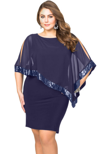 Navy Blue Sequined Mesh Overlay Plus Size Poncho Dress
