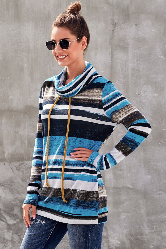 Blue Multicolor Cowl Neck Striped Long Sleeve Sweatshirt