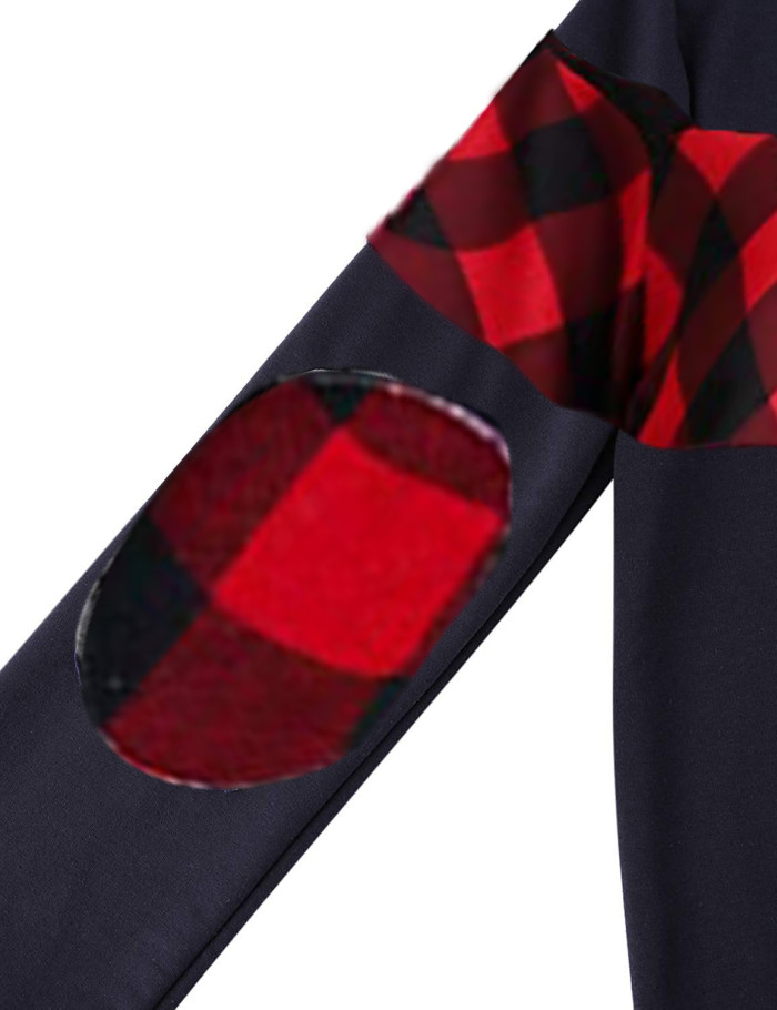 Red Color Block Plaid Shirt Crew Neck Elbow Patch Sweatshirt