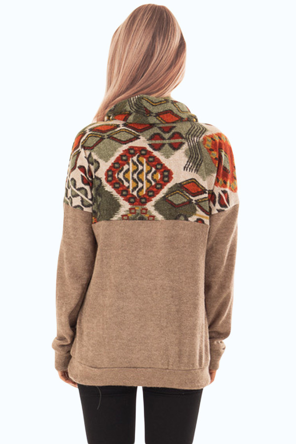 Brown Tribal Cowl Neck Kangaroo Pocket Sweatshirt