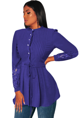 Crinkle Chest Blue Lace Panel Peplum Blouse