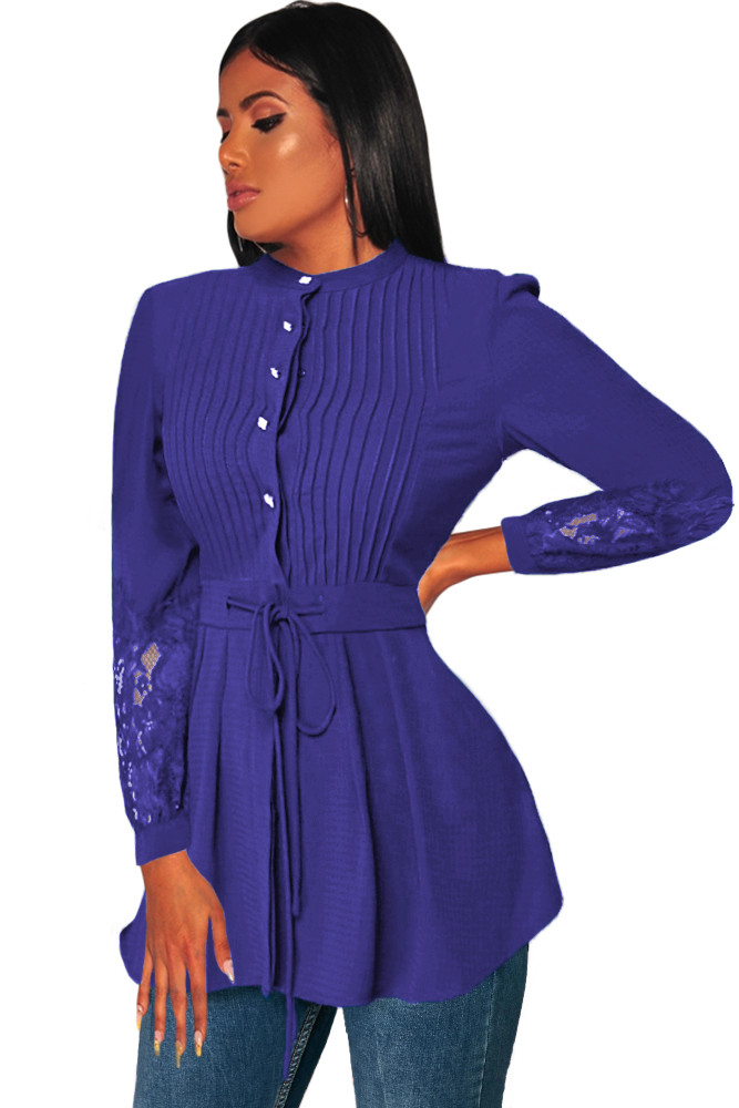 Crinkle Chest Blue Lace Panel Peplum Blouse