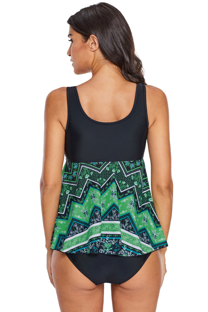 Green Vibrant Print Skirted Tankini Swim Top