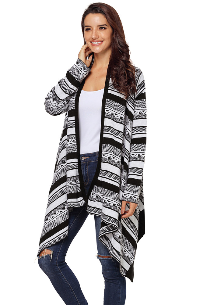 Black Draped Azetc Print Open Front Cardigan