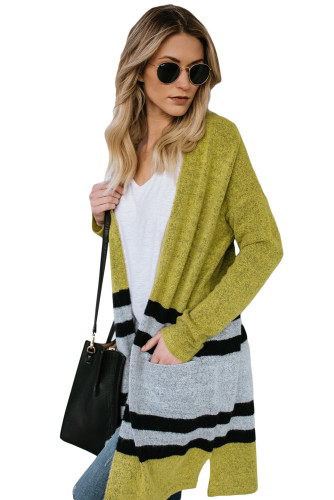 Yellow Contrast Full Sleeve Open Cardigan with Pocket