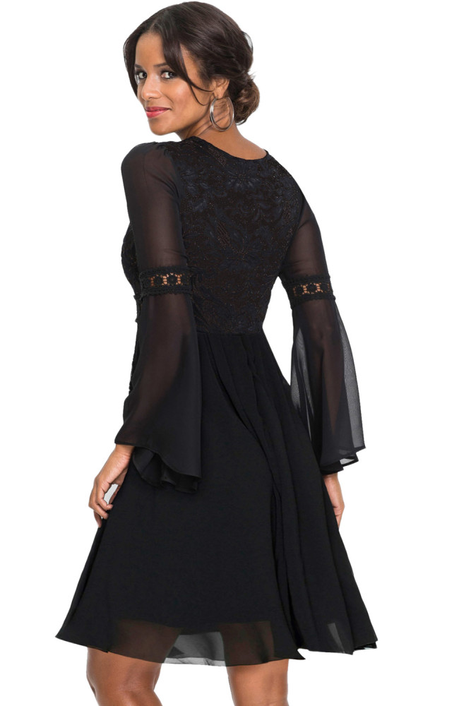 Black Lace Chiffon Patchwork Bell Sleeve Dress