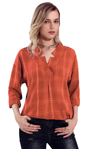 Burnt Orange Crepe Plaid Notched Neckline Blouse