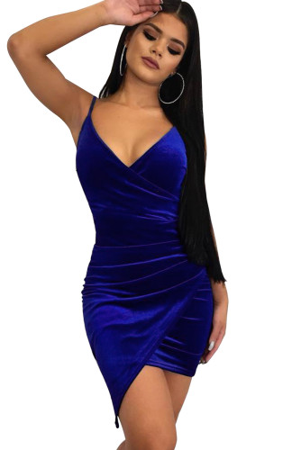 Blue Wrapped V Neck Ruched Velvet Mini Dress