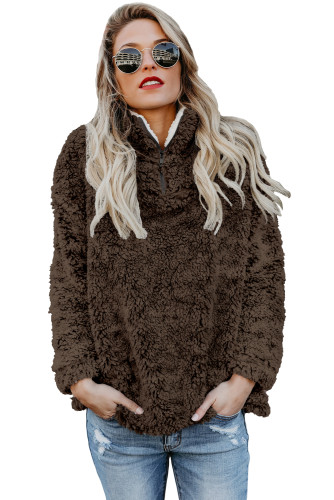 Coffee Zipper Fleece Pullover Coat