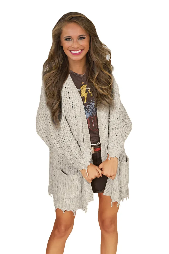 Apricot Chenille Knit Destroyed Cardigan Sweater