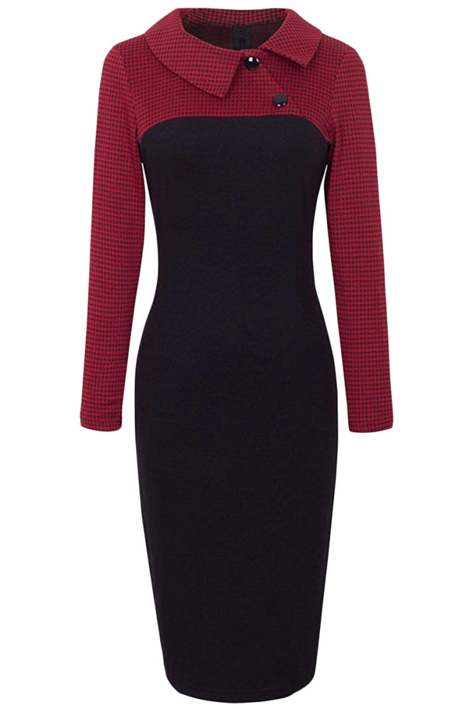 Red Vintage Turn-Down Collar Pinup Button Midi Dress