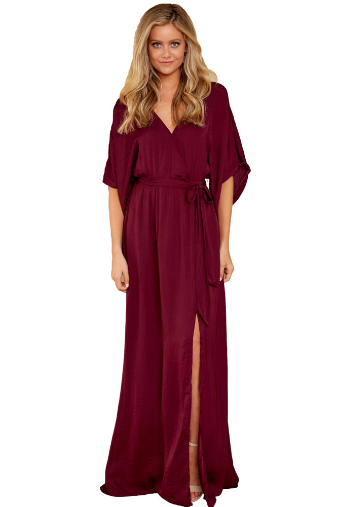 Burgundy Casual Kimono Style Maxi Dress