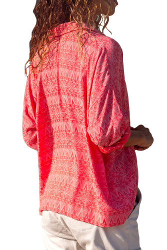 Red Graphic Geometry Button Down Blouse