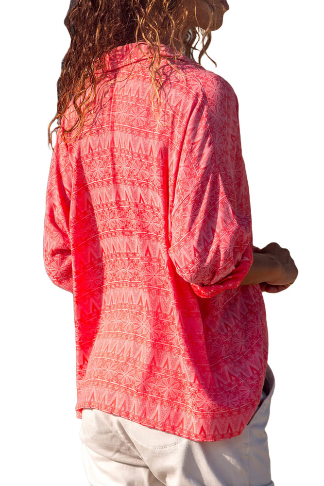 Red Graphic Geometry Button Down Blouse
