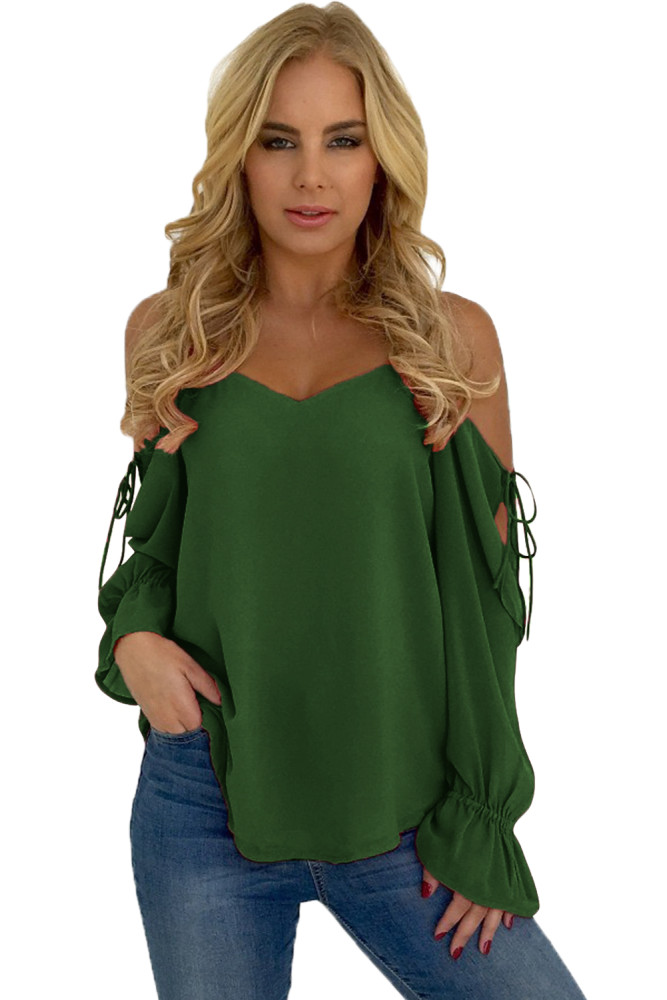 Army Green Spaghetti Strap Cold Shoulder Long Sleeve Top