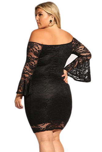 Black Plus Size Lace Bell Sleeve Bodycon Dress