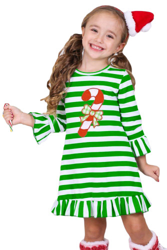 Candy Cane Accent Green White Striped Christmas Dress