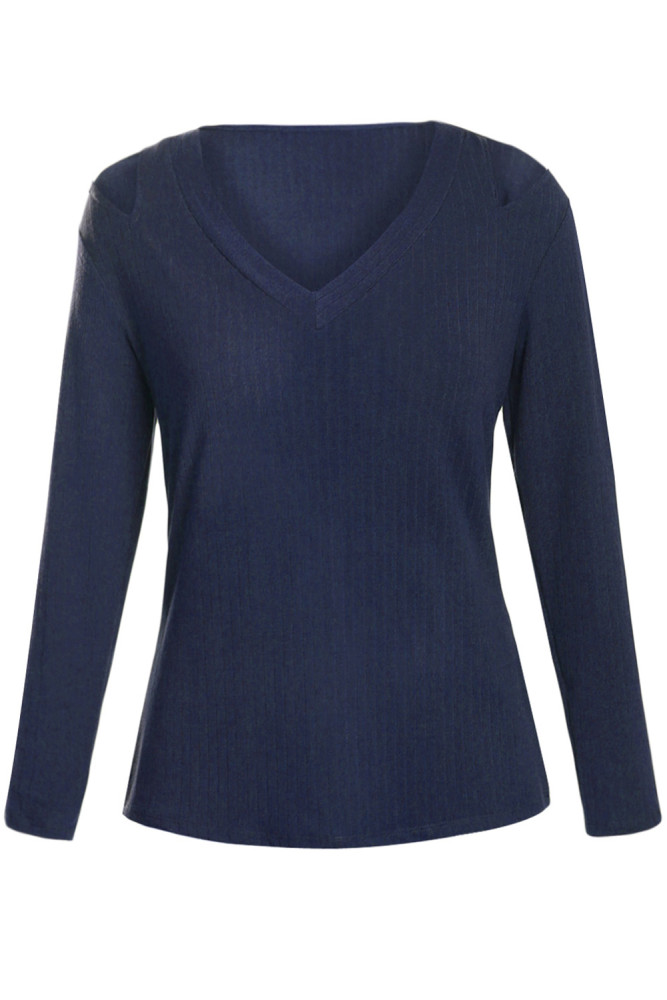 Navy Blue Ribbed V Neck Cold Shoulder Top