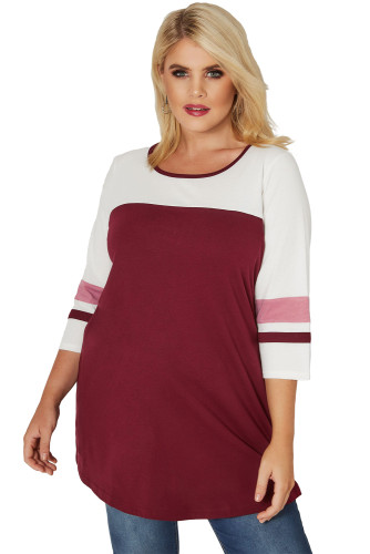 Burgundy White Color Block Quarter Sleeved Plus Size Top