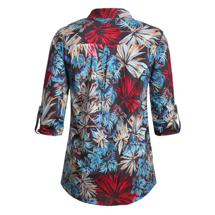 Blue Plant Print Women Shirt