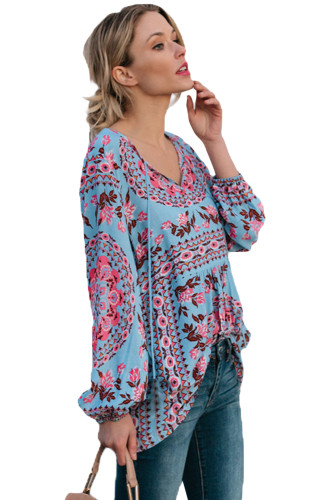 Blue Bohemian Print Tassel Tie V Neck Blouse