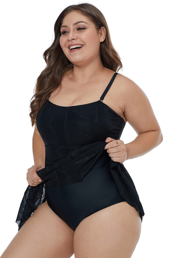 Geometric Pattern Sheer Mesh Swimdress with Panty