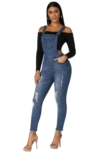 Light Blue Wash Distressed Jeans Overalls
