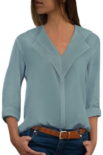 Grey Lapel V Neck Roll Sleeve Blouse