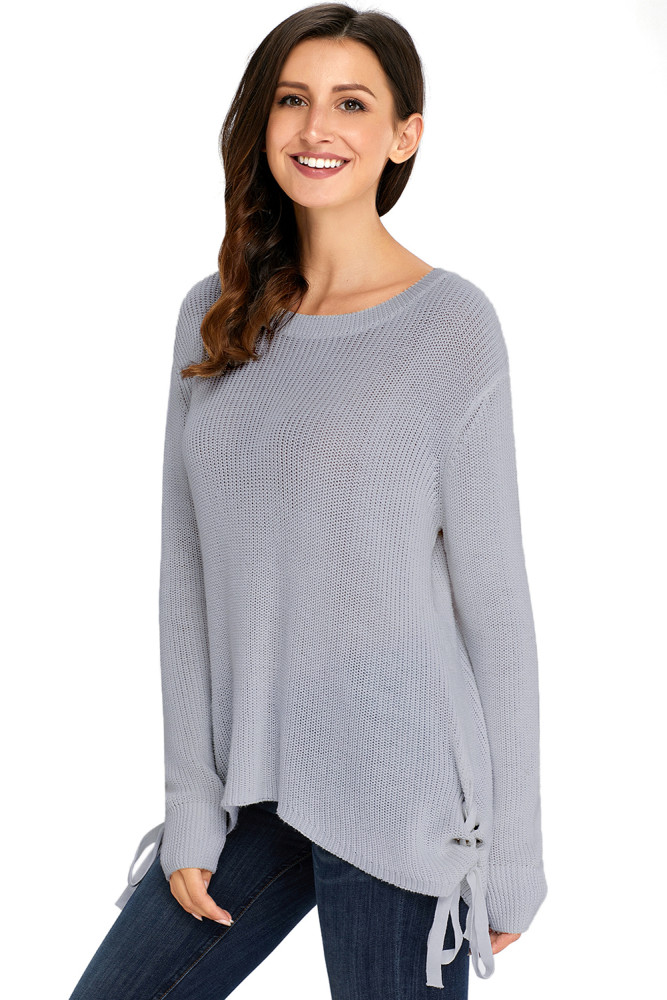 Gray Long Sleeve Lace up Sided Sweater