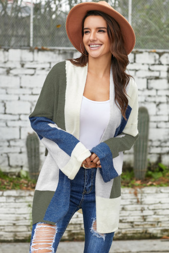 Green Blue Multi Colorblock Open Front Cardigan