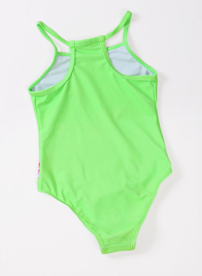 Neon Green Floral and Birds Little Girls One-piece Swimwear