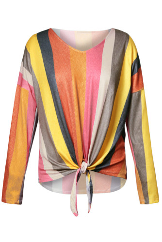 Yellowish Multi Striped Tie Front Long Sleeve Top