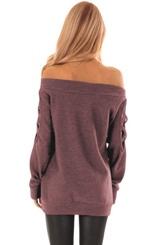 Russet-red Crisscross Cutout Long Sleeve Off Shoulder Top
