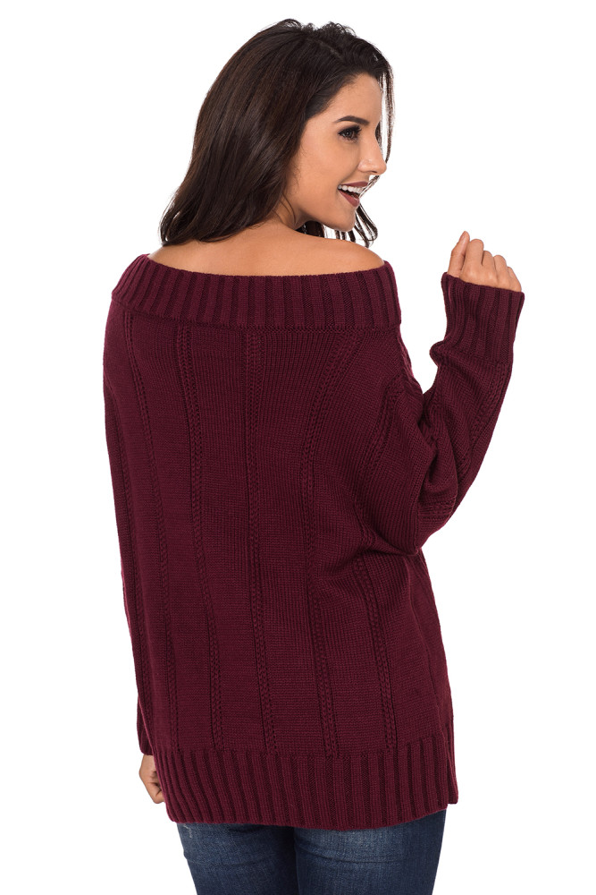Wine Off The Shoulder Winter Sweater