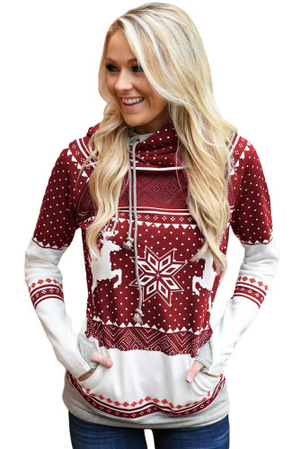 Burgundy Snow Reindeer Double Hooded Sweatshirt