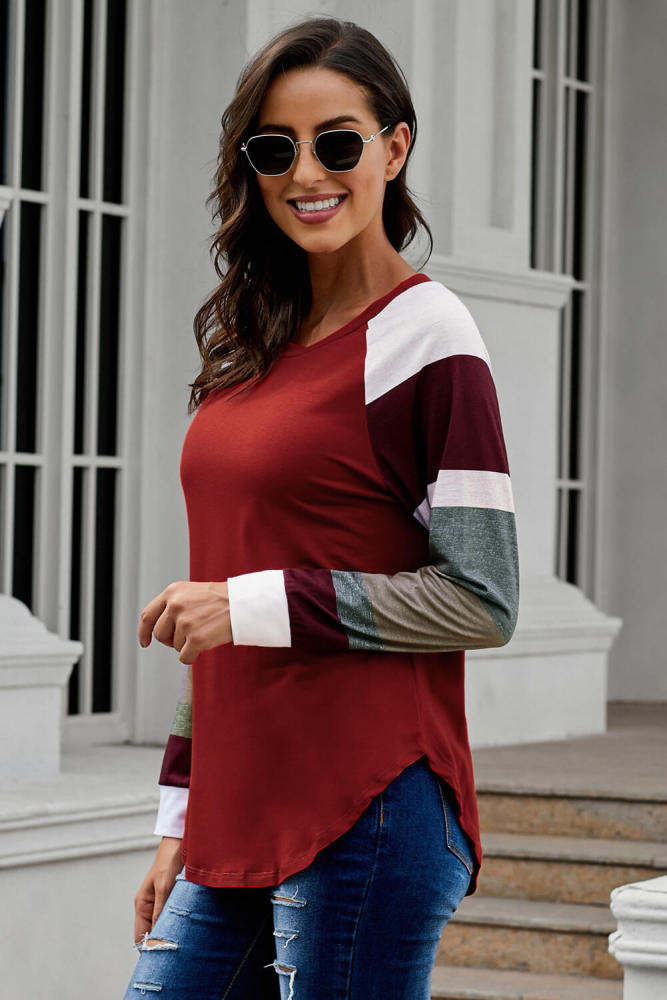 Color Block Long Sleeves Burgundy Pullover Top