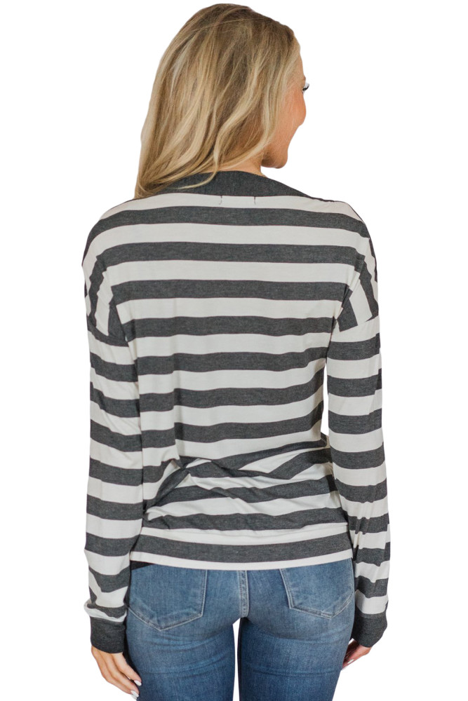 Button On Shoulders Gray Striped Long Sleeve Top