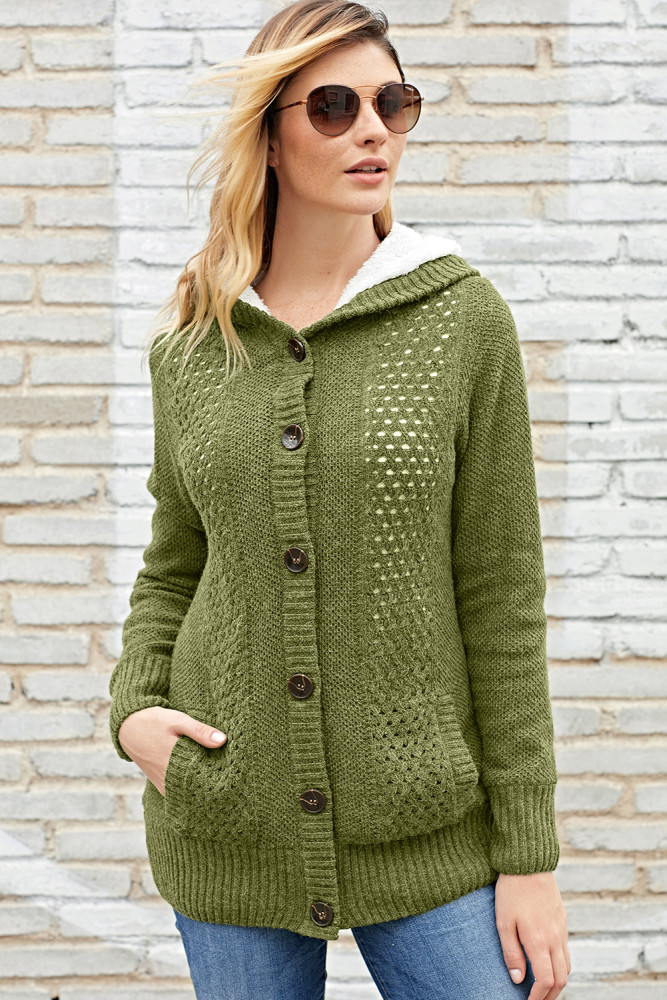Fleece Hooded Olive Button Down Cardigan Sweater