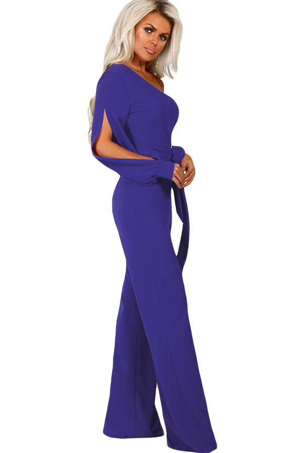 Cobalt Blue Asymmetric One Shoulder Wide Leg Solid Jumpsuit